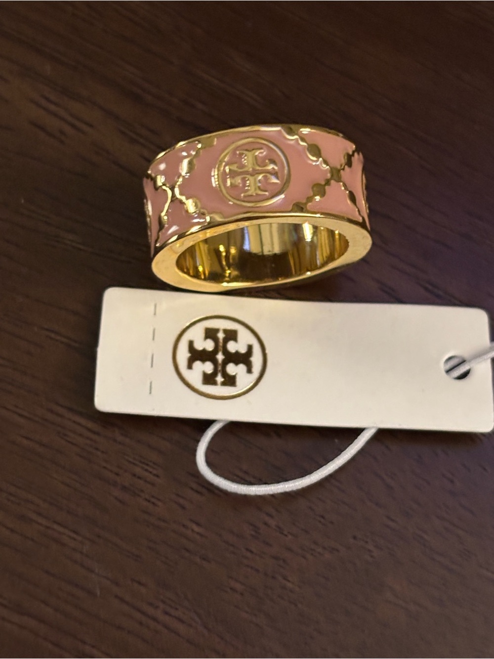 Tory Burch Pink and Gold Enamel Logo Wide Band Ring